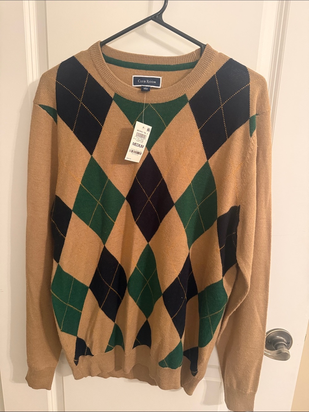 Club Room Macy’s Men’s Merino Wool Tan Argyle Crewneck Sweater Academia Preppy